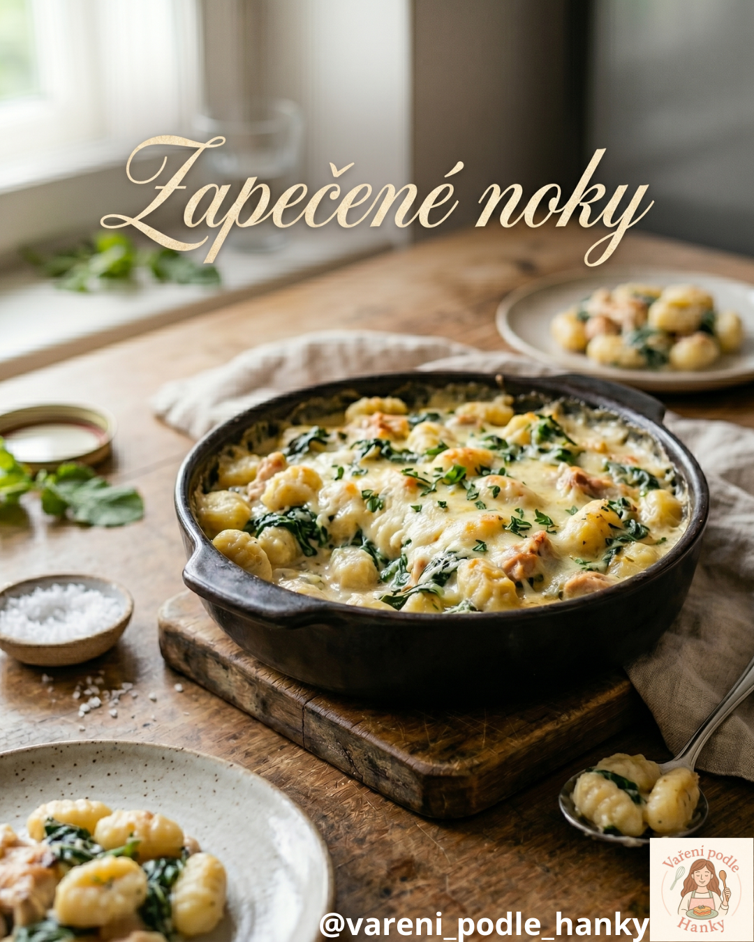 Pekáč s gnocchi zapékanými se špenátem a sýrem na dřevěném prkénku, nápis „Zapecené noky“.