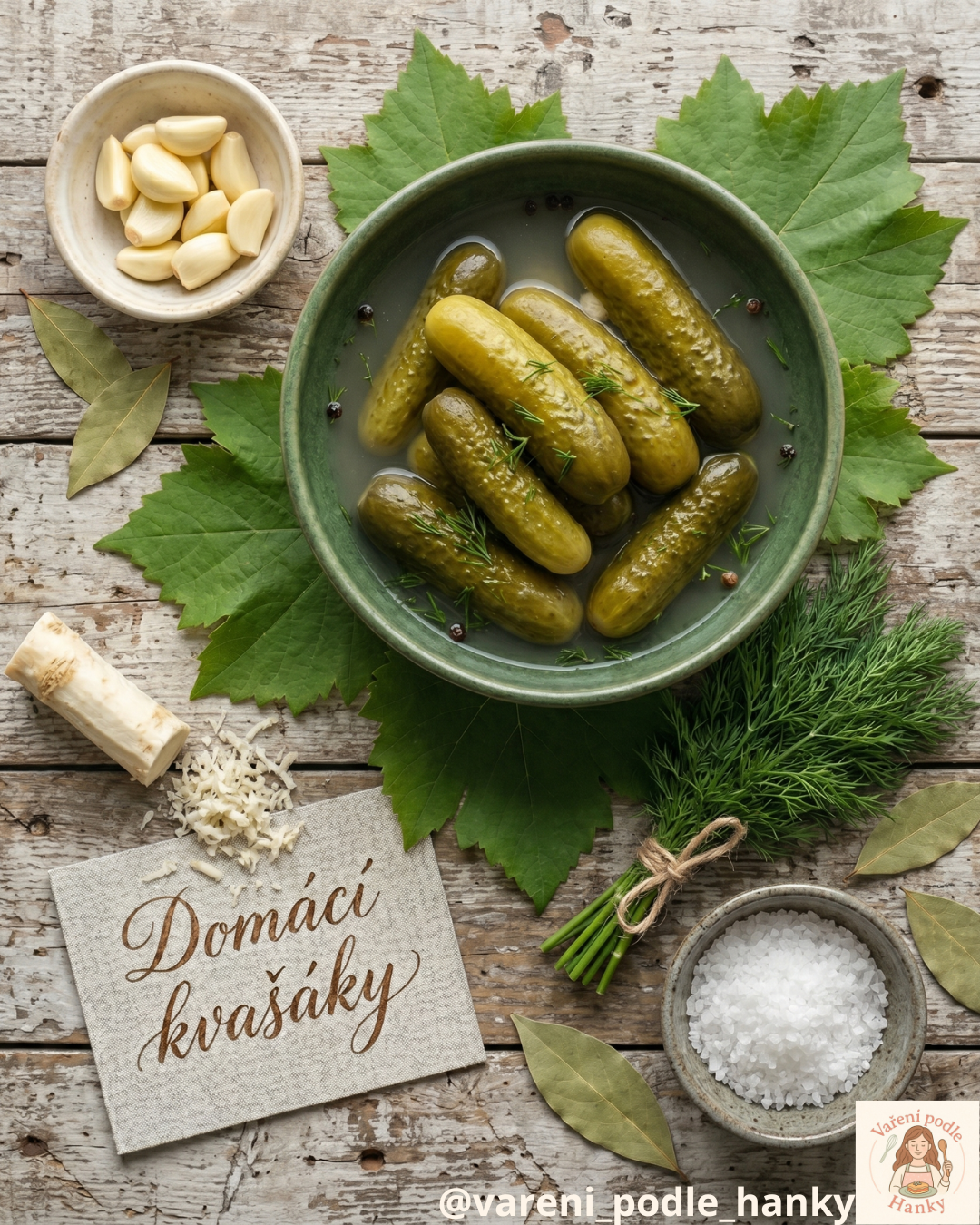 Nakládané okurky v misce, zelené listy, kopr, česnek a sůl na rustikálním dřevěném stole.