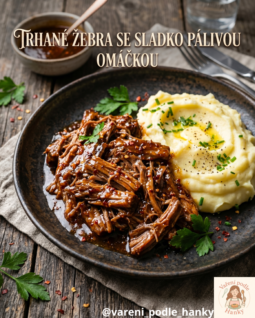 Talíř s trhaným žebrem na omáčce, vedle bramborová kaše, bylinky a koření na dřevěném stole.