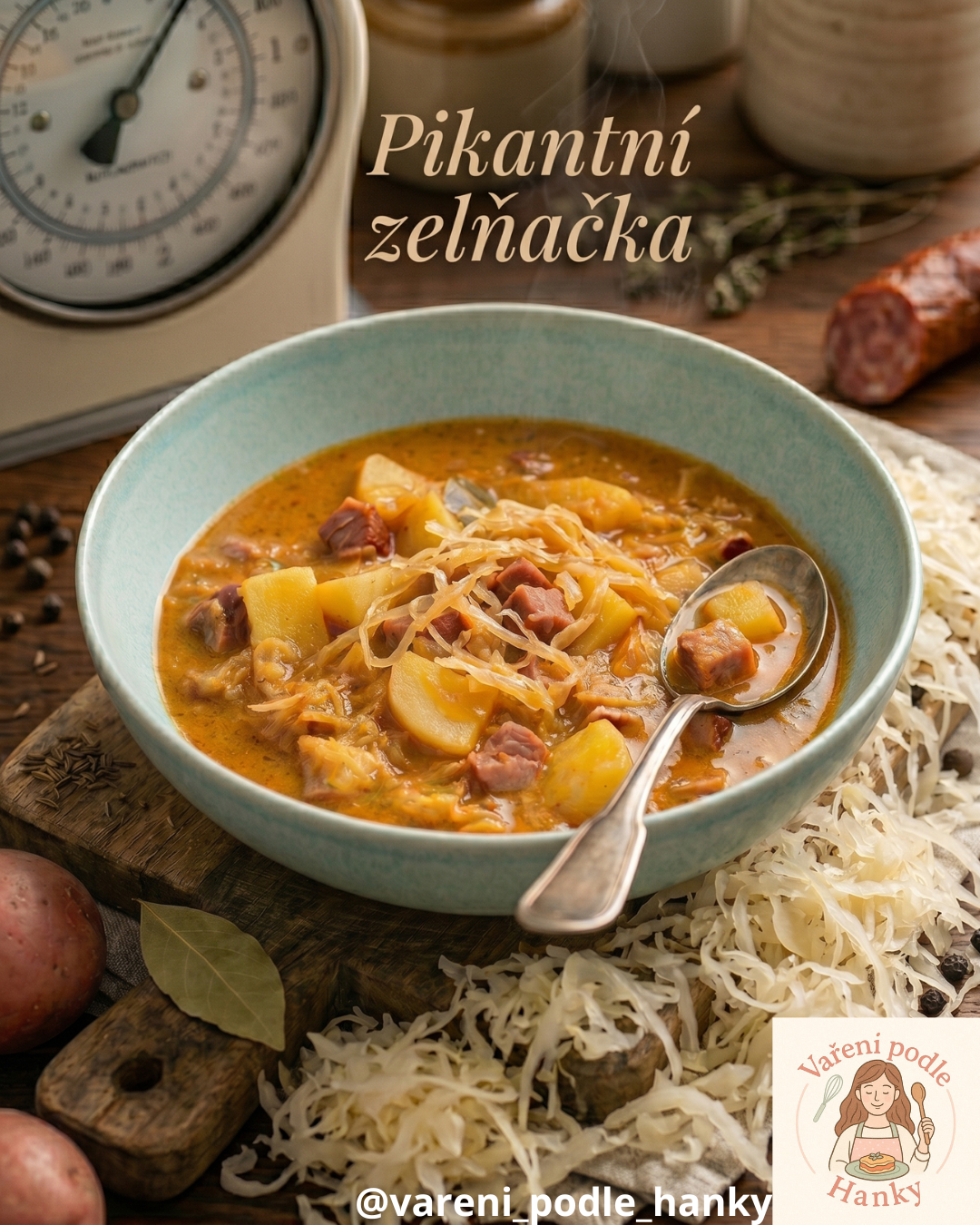 Miska pikantní zelňačky s masem, bramborami a kysaným zelím, vedle lžíce a koření na dřevěném stole.